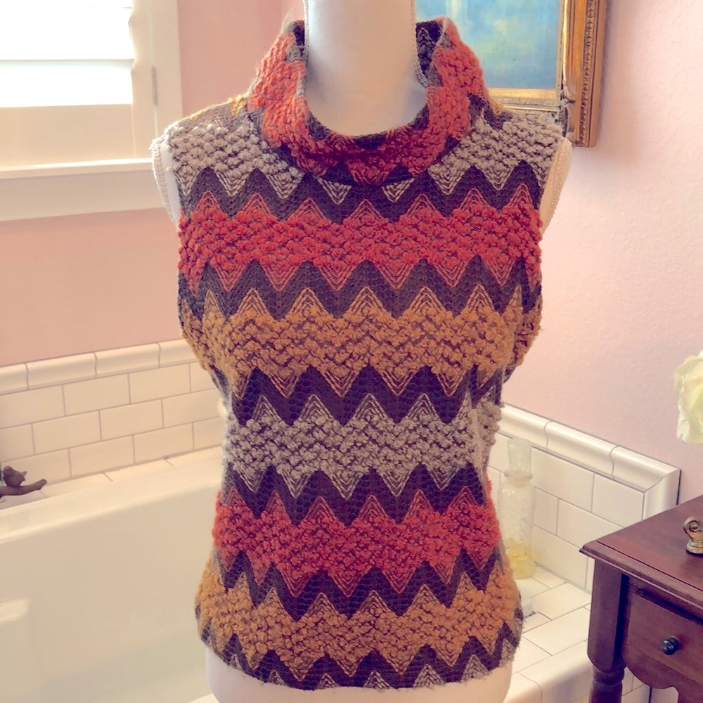 Devon orange/brown/gold/gray sleeveless mock turtleneck crochet wool knit top Lg